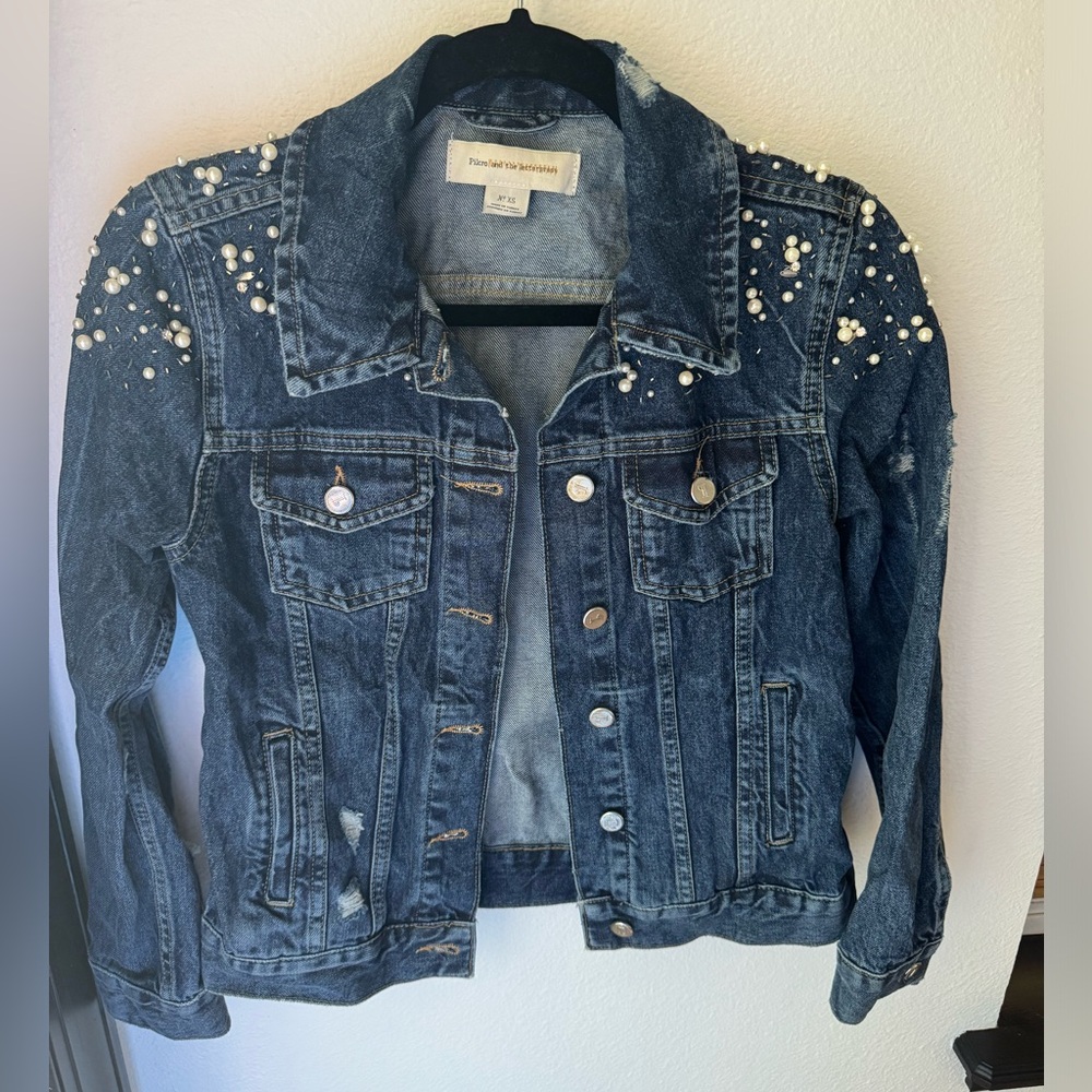 Anthropologie Pilcro denim jacket with pearl and rhinestones detail